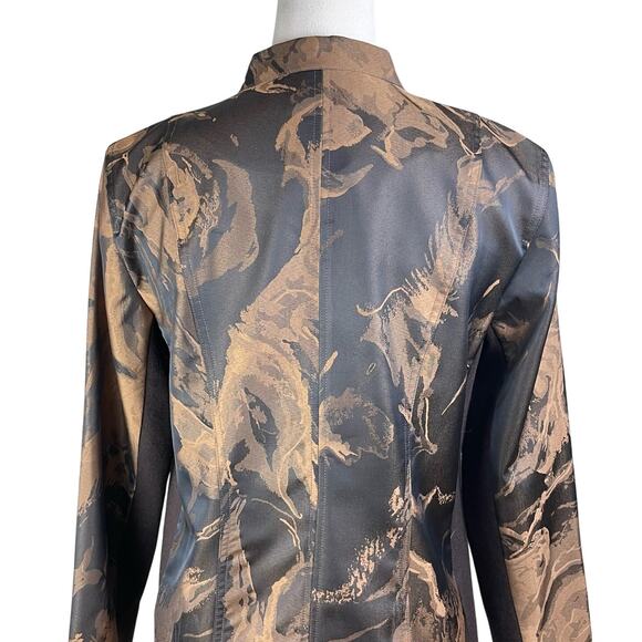 A La Carte Brown Pattern Band Collar Stretch Lightweight Button Up Jacket Pocket - Picture 5 of 12